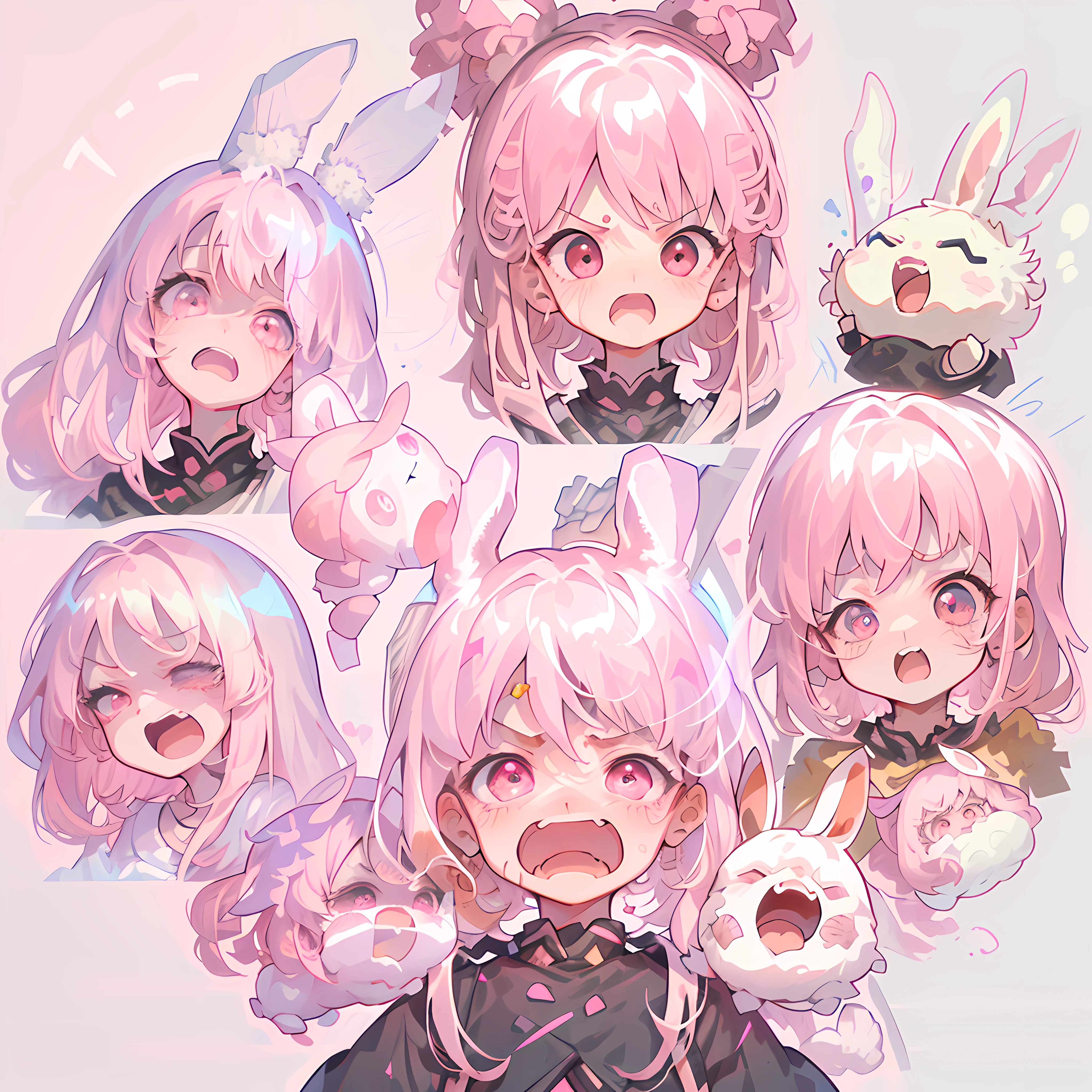 f/64 group, related characters, (all kinds of expressions,happpy, sad, angry, expectant laughter, disappointed, Scared,Surprised), white background, emoji as illustration set,dynamic pose dark white, (pink hair, pink eyes, Rabbit ear, pink clothes :1.1)