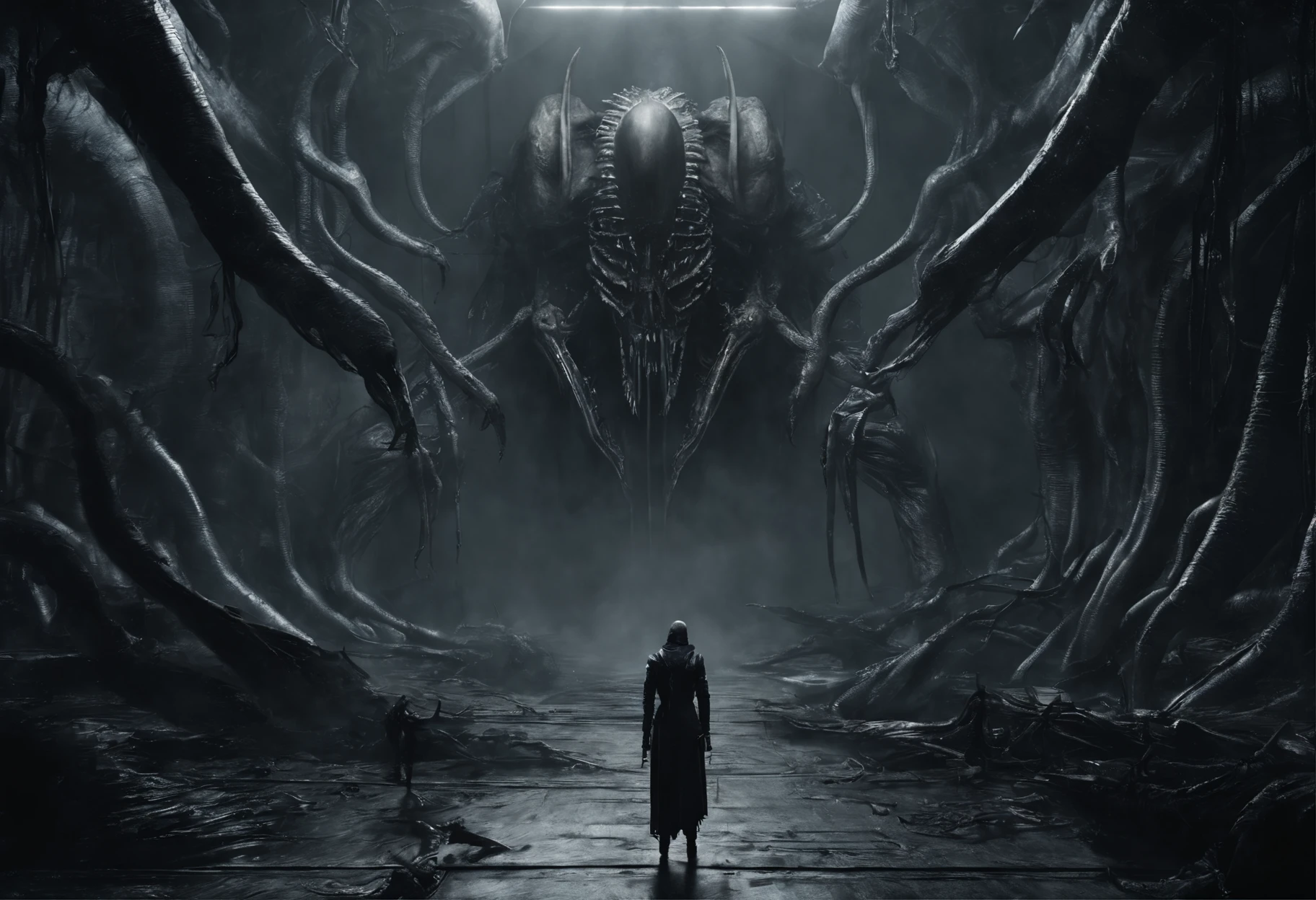 ((Best quality, 8K, Masterpiece: 1.4)),((Amazing detail: 1.3)),((illustration: 1.2)),((high resolution: 1.1)),Alien,Xenomorph,Smooth skin,Metallic skin,Biotechnology,h. r. Giger's artwork,full bodyesbian,Combat posture,running,motion blur,Cinematic lighting,Film texture,(A grand scene),delicate,realistic,