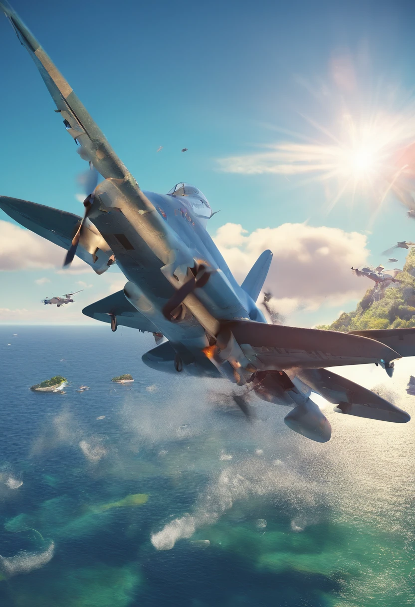 warplane flying over a blue ocean with islands scattered over the ocean