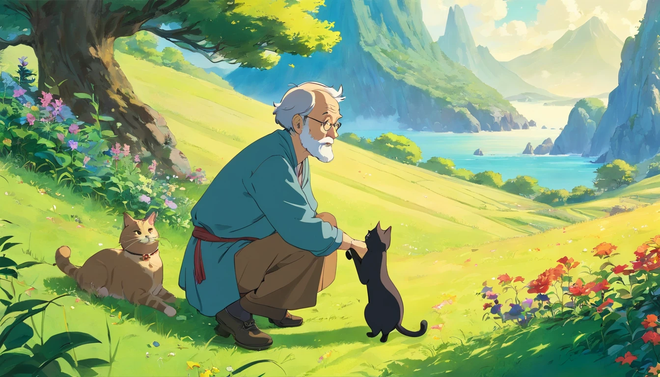 ((1 old man in a fantastic landscape playing with his cat)),((fantasia)),Beautiful,((fantasia)),circunstanciado,4k,master part,ghibli studio