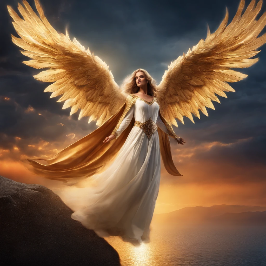 an beautiful angel with a majestic golden halo,string flowing white gown, capturing the sunlight, hovering in mid-air, wielding a gleaming sword of justice,engaged in an intense battle against a terrifying demon with fiery red eyes and sharp claws. The angel's wings, covered in intricate feathers, shine with a radiant light, while the demon's dark and twisted form emanates a menacing aura. The backdrop is a celestial realm, with vibrant, ethereal colors that create a sense of otherworldly beauty. The lighting emphasizes the angel's glory, casting dramatic shadows that enhance the intensity of the battle. The overall image is of the highest quality, with ultra-detailed features, capturing every intricate detail, bringing the scene to life with photorealistic precision.