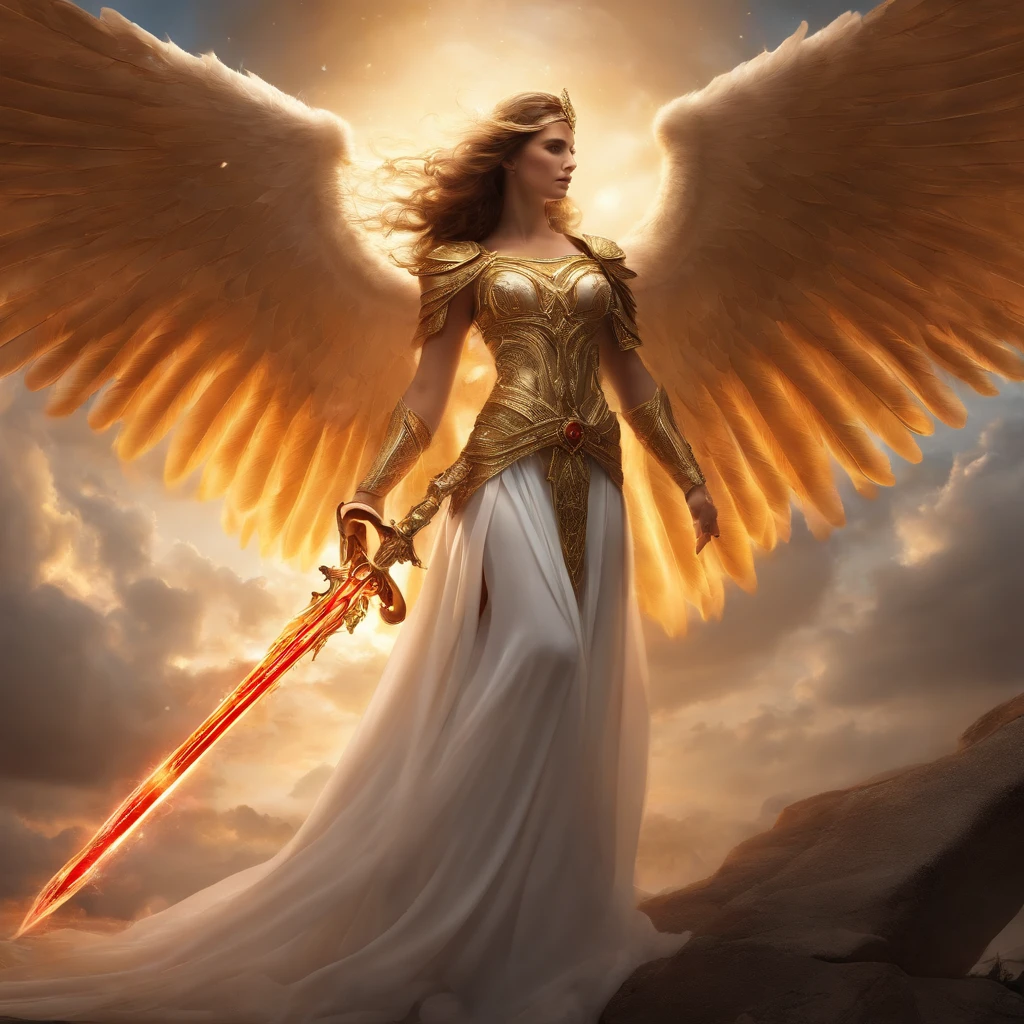 an beautiful angel with a majestic golden halo,string flowing white gown, capturing the sunlight, hovering in mid-air, wielding a gleaming sword of justice,engaged in an intense battle against a terrifying demon with fiery red eyes and sharp claws. The angel's wings, covered in intricate feathers, shine with a radiant light, while the demon's dark and twisted form emanates a menacing aura. The backdrop is a celestial realm, with vibrant, ethereal colors that create a sense of otherworldly beauty. The lighting emphasizes the angel's glory, casting dramatic shadows that enhance the intensity of the battle. The overall image is of the highest quality, with ultra-detailed features, capturing every intricate detail, bringing the scene to life with photorealistic precision.