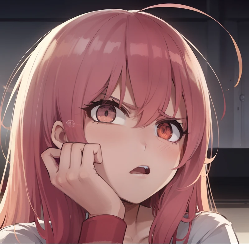 A girl. rose hair. white tshirt. frowning face. amber eyes. furrowed brow. lowered eyes. A fist in the cheek. opened mouth.