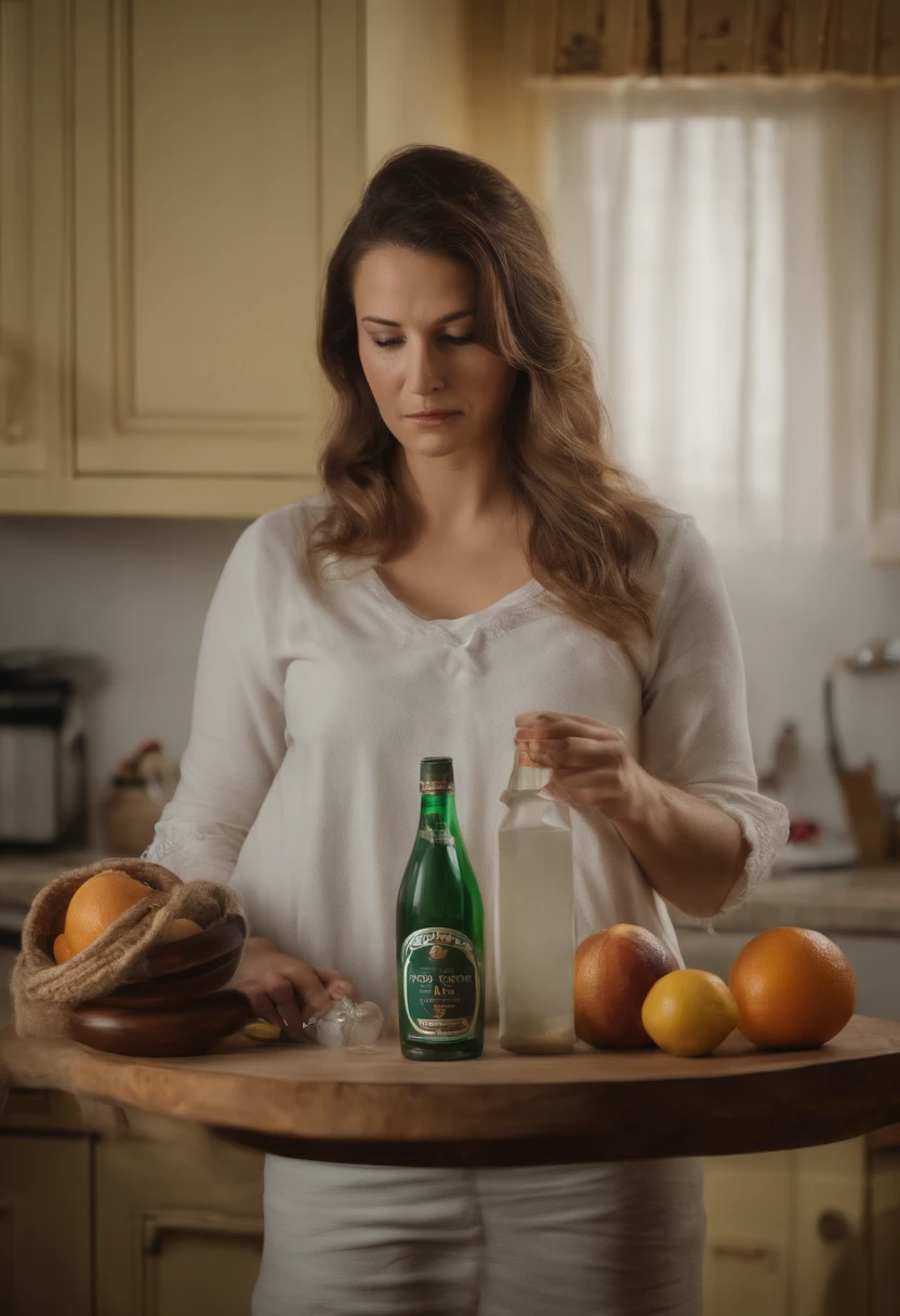 a Bulgarian woman very tall plus-size very pretty strong hands shoulders thighs wearing Tennis champion bent raising hand to give a bottle inside the kitchen , high quality captured from real people Sony camera HD