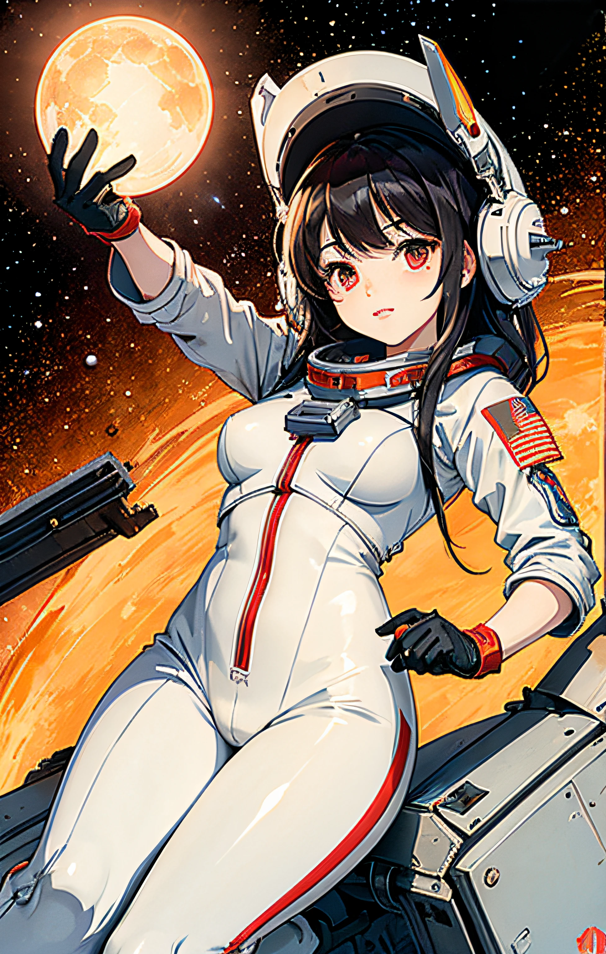 1girl,flat_breasts,cute,beautiful detailed eyes,shiny hair,visible through hair,hairs between eyes, CCCPposter, sovietposter,red monochrome,soviet poster, soviet,communism,
Black_hair,red_eyes,vampire,age,poorbreast,Spacesuit:Orange_clothing_body:jumpsuit),white_gloves, white_space shoes, white_helmet, the CCCP red letters on the top of helmet, weightlessness, Side light, reflection, The person in the spacesuit is at the bottom left of the frame, The right hand is outstretched, the right hand gently touches the Salyut space station), Space station in the upper right corner of the screen, Reflected light from the sun, Silver metal,red flag, brilliance,USSR style, diffuse reflection, Metallic texture, The vista is a blue Earth,mecha style,the sea of star,high tone, magnificent