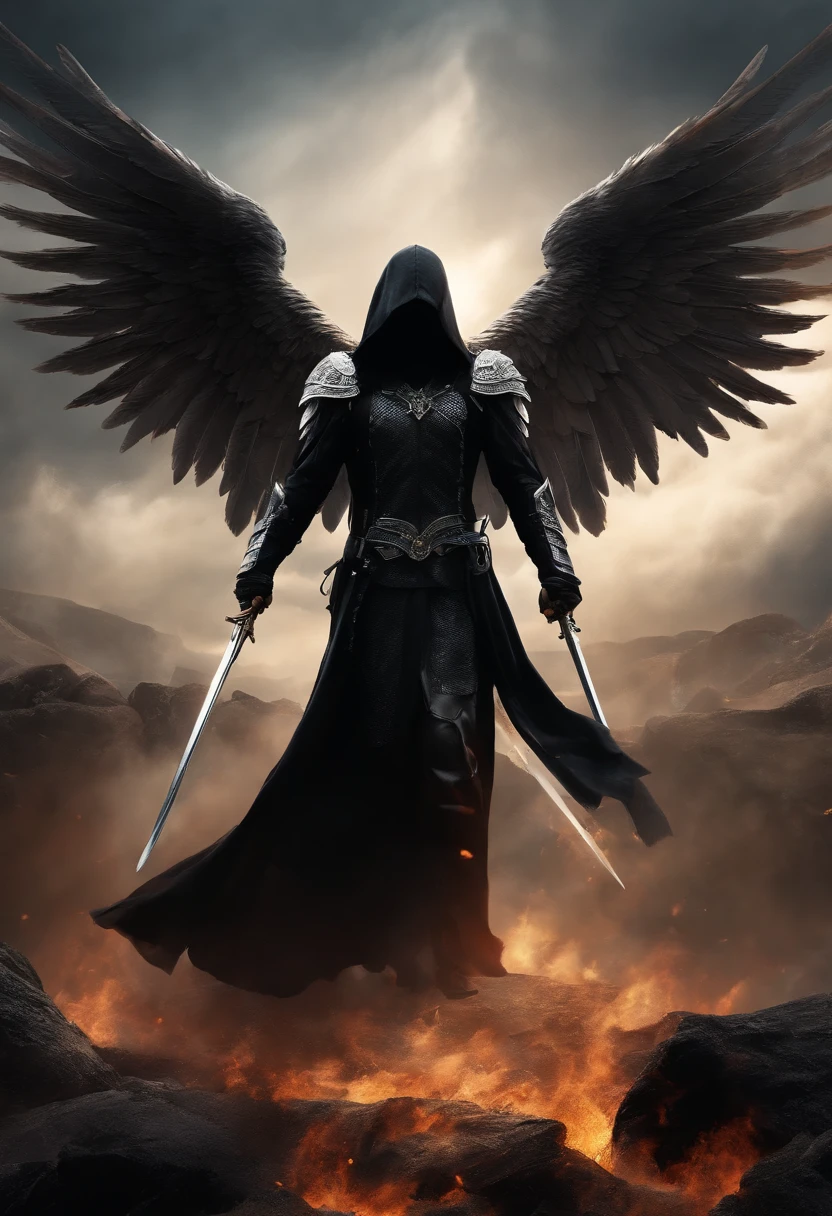 Realistic, 4K, Angels with big wings, Black clothes, one sword, Head hood in war background image (chaos)