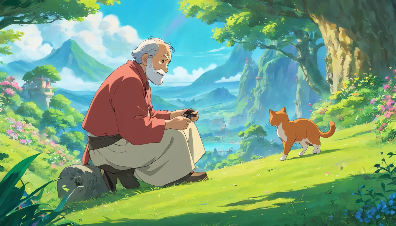 ((1 old man in a fantastic landscape playing with his cat)),((fantasia)),Beautiful,((fantasia)),circunstanciado,4k,master part,ghibli studio