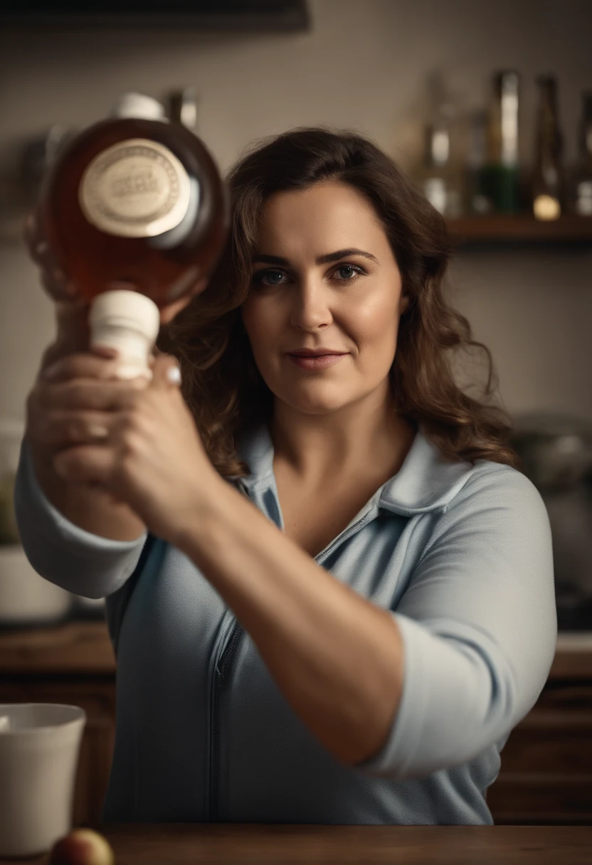 a  Bulgarian woman very tall plus-size very pretty strong hands shoulders thighs wearing Tennis champion bent raising  hand to give  a bottle  inside the kitchen , high quality captured from real people Sony camera HD