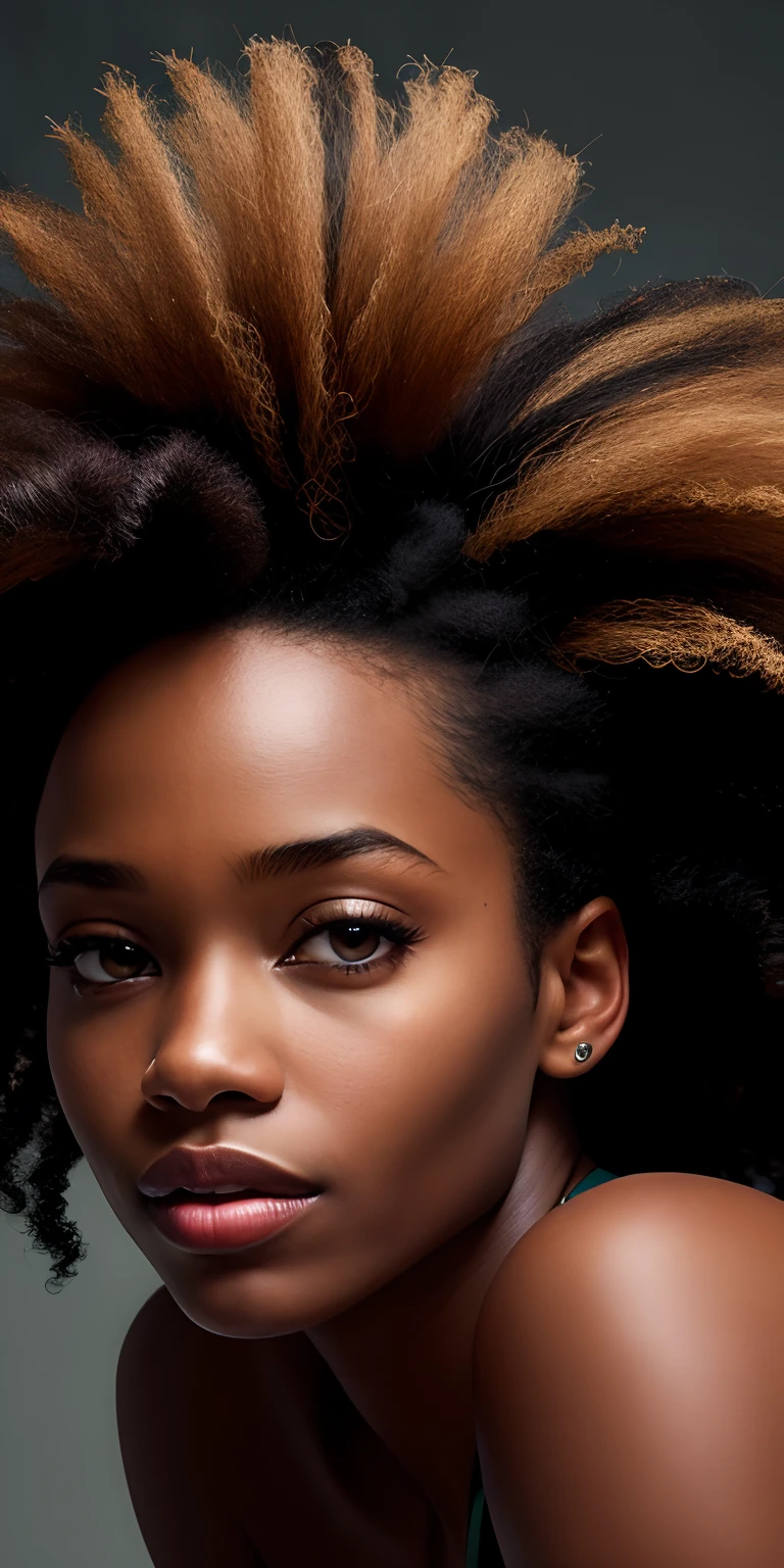 An abstract depiction of a black woman, 40 anos, cabelos cacheados negros, showcasing her strength and resilience through dynamic brushstrokes and bold colors. The artwork exudes a sense of power and determination, representing the indomitable spirit of black women. This style is suited for a contemporary and empowering wall art piece.