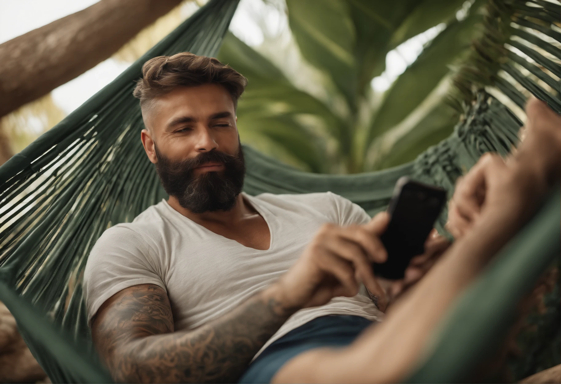 A middle-aged man sitting in a realistic hammock, facing the fan, with tattoos and a cellphone in his hands, enjoying the breeze.
(best quality,4k,8k,highres,masterpiece:1.2),ultra-detailed,(realistic,photorealistic,photo-realistic:1.37),comfortable,relaxing,mixed-race man,midlife,muscular,calm expression,detailed face features,beard,stubble,short hair,brown eyes,black ink tattoos,elaborate design,tropical Hawaiian motifs,cellphone with touchscreen,modern smartphone,illuminated screen,natural lighting,soft shadows,indoor setting,cozy atmosphere,vivid colors,high contrast,cool temperature,collected,tranquil moment.