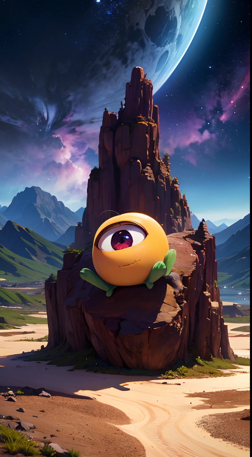 (ultra-detailed, highres, best quality, realistic, vivid colors), cute one eyed alien, minions dancing in the air, running around, gather with friends, green blue and purple, sitting in a classic char, enjoying view, extraterrestrial being, photography , on terrain, nebulae sky, ((best shadow)), best quality