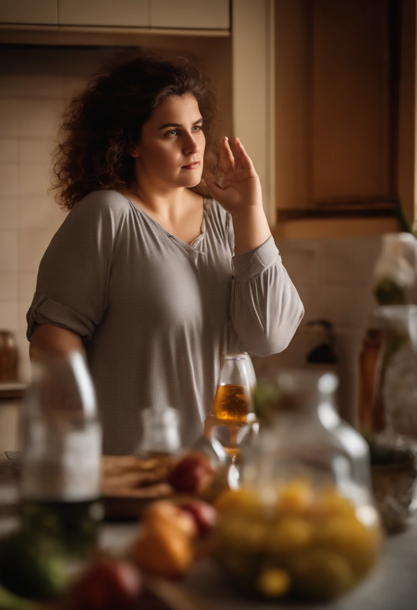 a  Bulgarian woman very tall plus-size very pretty strong hands shoulders thighs wearing sleepwear raising  hand to give  a bottle  inside the kitchen , high quality captured from real people Sony camera HD