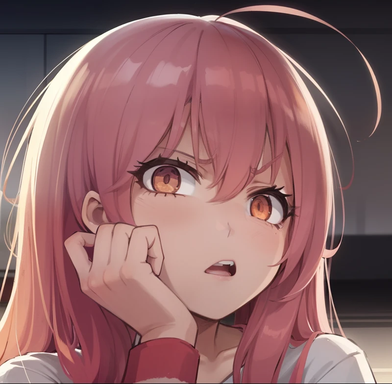 A  girl. rose hair. white tshirt. frowning face. amber eyes. furrowed brow. lowered eyes.  A fist in the cheek. opened mouth.