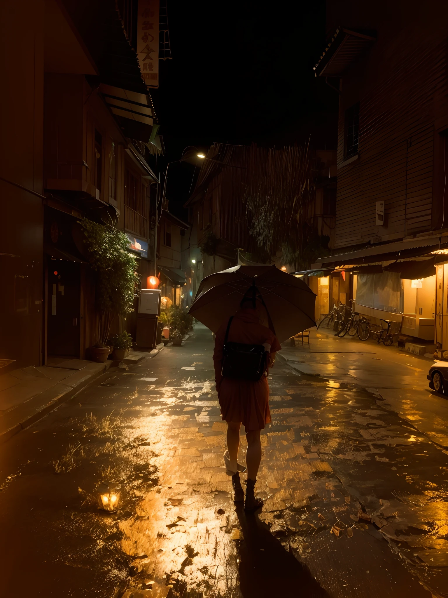 Ꮩ2,(masterpiece:1.2, highest quality), (real image, intricate details), (night, dark, downpour:1.4)
There was no one in the alley, and the surroundings were silent, only the raindrops sprinkled on the tile eaves of the low houses near and far,in the cold rain, (nude)topless,1 girl,Are standing,frontal shot,