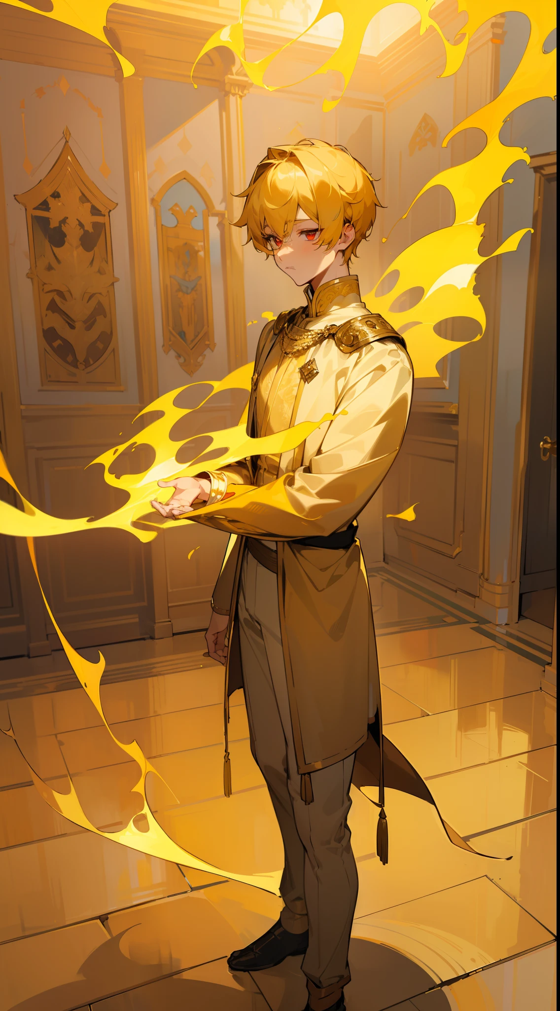 (Original Character,8k, Masterpiece, Best Quality,Detailed, Beautiful Detailed Eyes, solo),1boy,solo,20s,neutral face,white and golden prince outfit,((burning body,burning on floor)), yellow hair,short hair,red eyes,((standing in a room in castle))