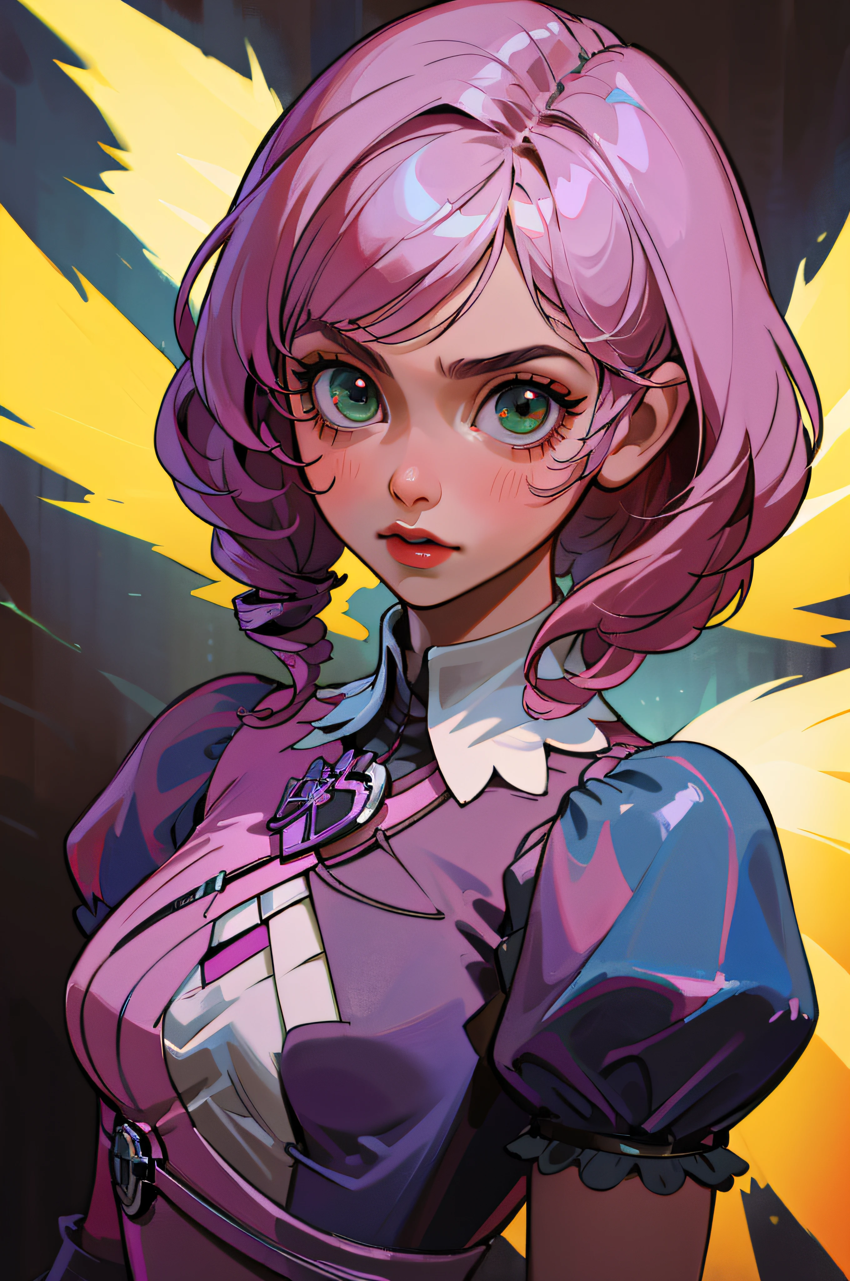 Alisa bosconovitch, melhor qualidade, olhos verdes, cabelo Rosa, cabelo curto, cabelos multicoloridos, camisa preta, mechanical wings, middlebreasts, tekken