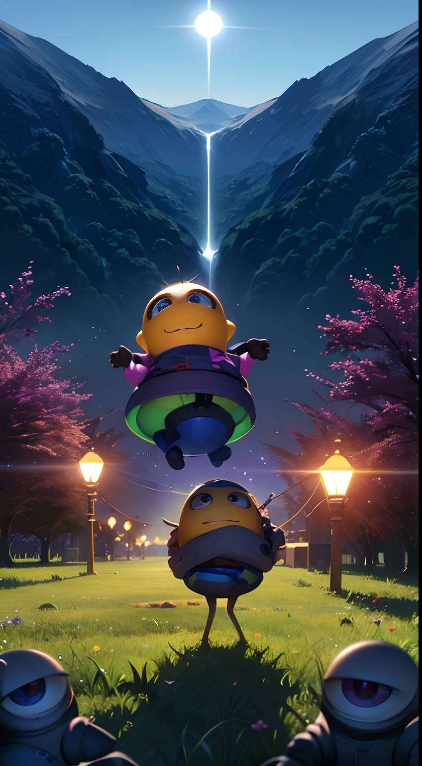 (ultra-detailed, highres, best quality, realistic, vivid colors), cute one eyed alien, minions dancing in the air, running around, gather with friends, green blue and purple, sitting in a classic char, enjoying view, extraterrestrial being, photography , on terrain, nebulae sky, ((best shadow)), best quality