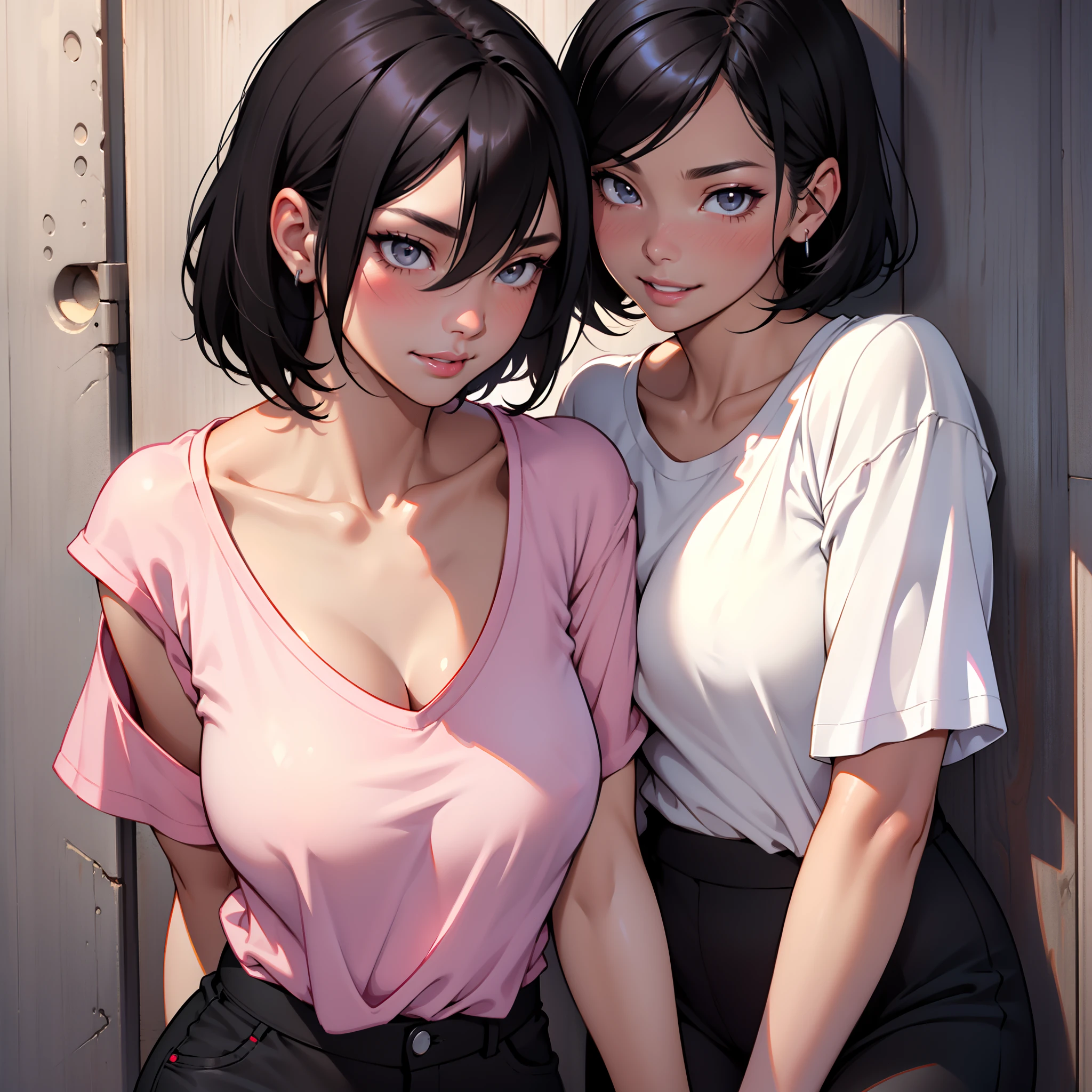 Sexy and cute woman, short black hair, bob style, kind soft delicate eyes, expressive eyes, seductive gaze, deepest pink blush, glossy red lips smiling parted, plump, long neck, visible collarbone, medium chest, white t shirt with black graphics tucked into black shiny pants, pinned against a wooden wall, intimate moment