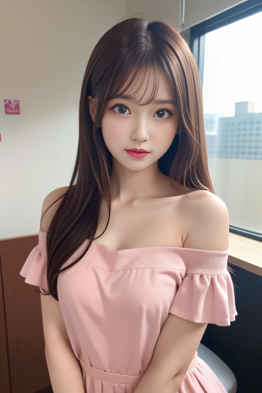 ((1girl in)), ((Best Quality)), (Ultra-detailed), (extremely detailed CG unified 8k wallpaper), Highly detailed, High-definition raw color photos, Professional Photography, (Twin-tailed), Brown hair, Amazing face and eyes, Pink eyes, (amazingly beautiful girl), School, crass room, off shoulders,