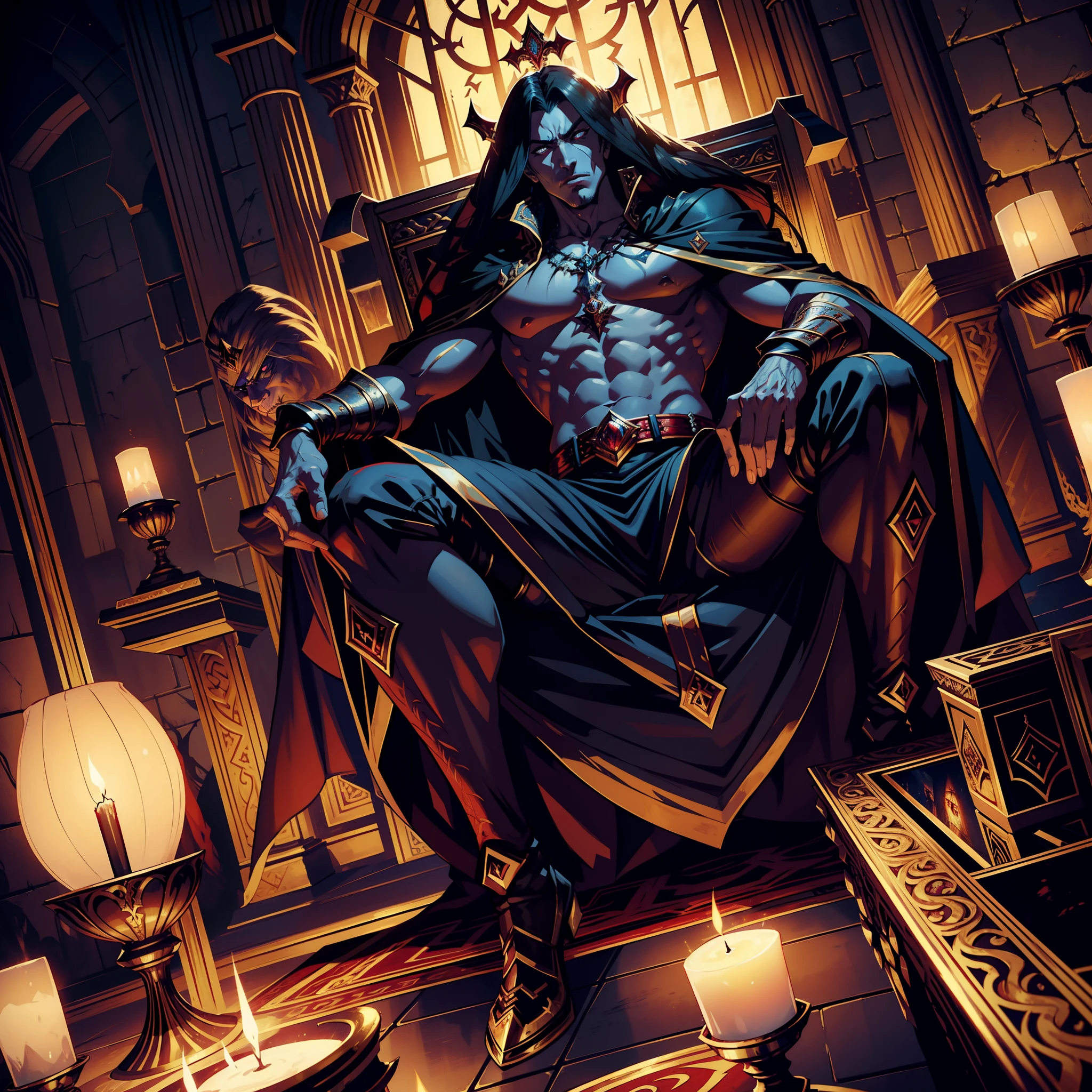 Castlevania Lord of Shadows muscular hyper realistic super detailed scary Lord Dracula sitting in his great legendary Moroccan throne with very beautiful princesses sitting next to him scene Read large scrolls with a red expression of anger bright eyes hyper realistic face super detailed portrait dynamic shot centerpiece cinematic scene scenes movie Epic Legendary correct proportions Correct anatomy poses