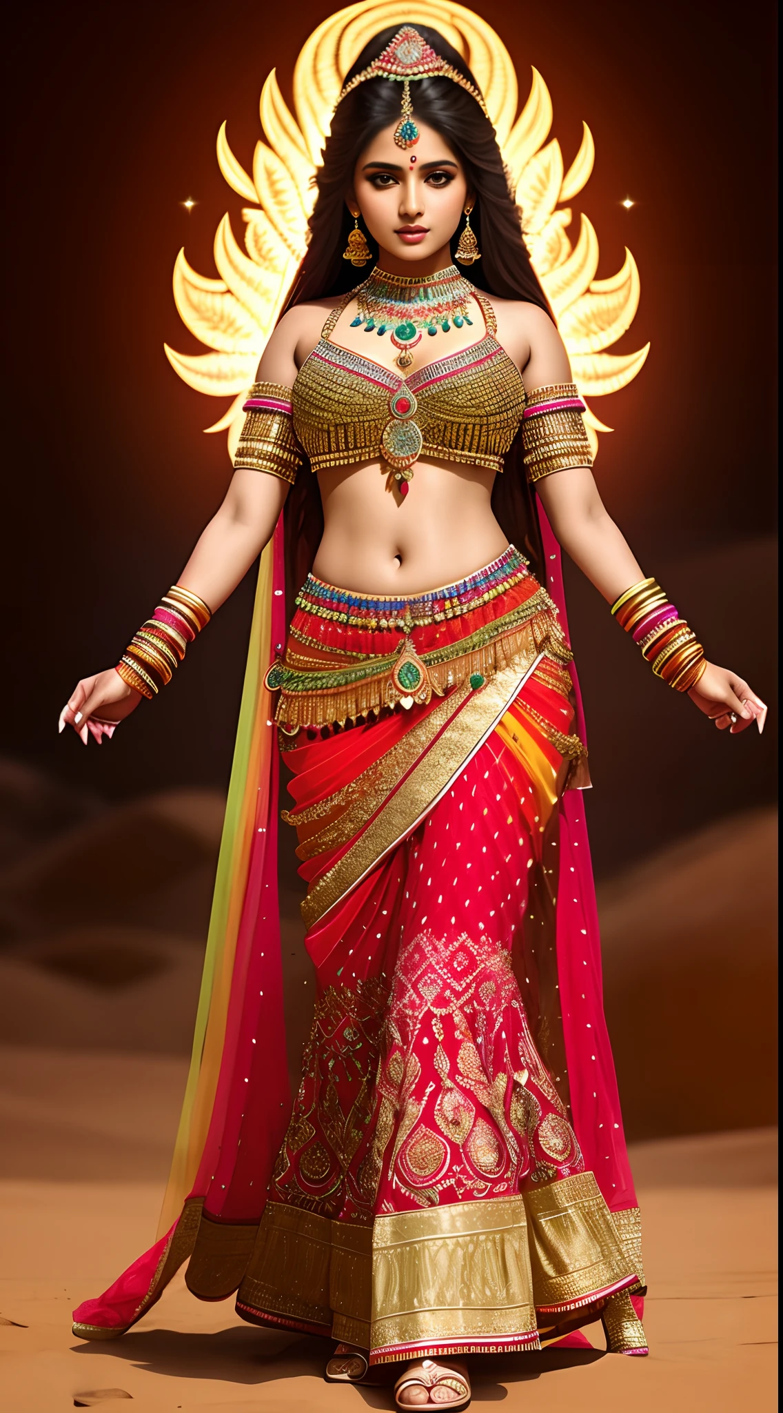 create 25 year old beautiful Indian bride in Full body photography of the most beautiful artwork in the world, a beautiful woman in intricate costume burning in the desert, rainbow colors, ArtStation, CGSociety, complex, high detail, clear focus, dramatic, realistic pictorial art trends Greg Rutkovsky, dynamic pose, 8k, big breasts, sexy