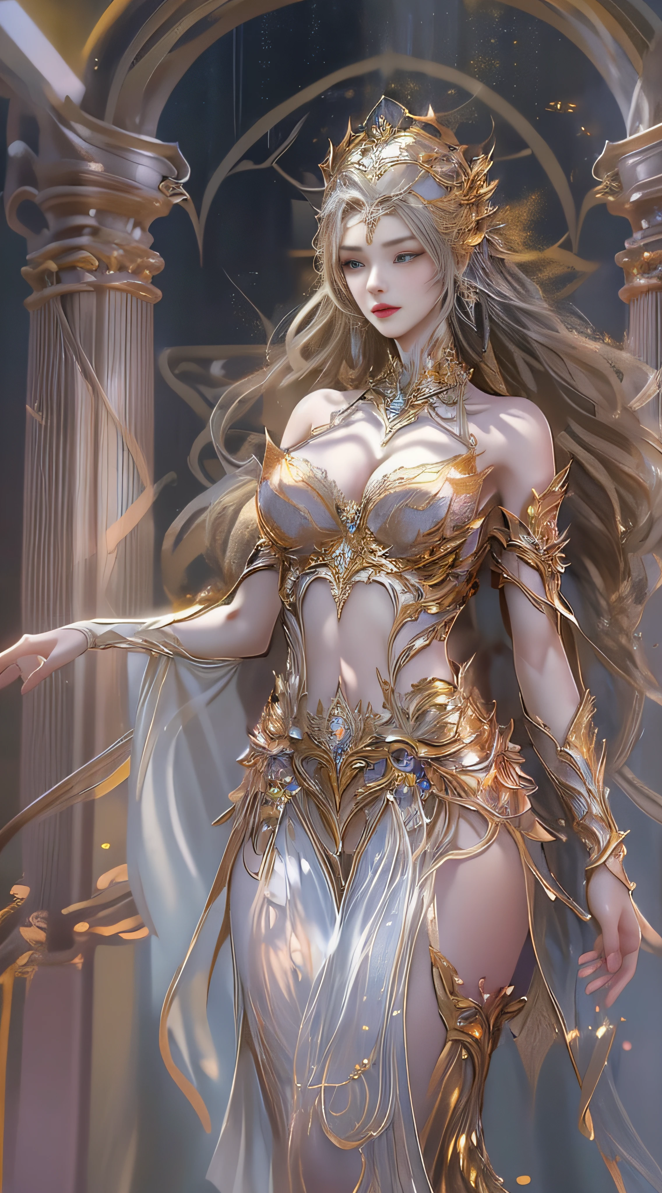 Woman in a golden transparent dress,view the viewer,(((Huge breasts, Large cleavage))),Slim waist,(navel baring,Bare waist), Long hair, Ultra-detailed details,High-end Zhenyi station, Rainstorm site, detailed fantasy art, Stunning character art, Beautiful and exquisite character art, Beautiful gold and silver armor, Extremely detailed, Girl in shiny armor, Exquisite tiaras and jewelry,Crystal jewelry filigree, milky ways, Stunning visuals, (dynamic streaks, light tracks:1.2), Vibrant colors, (((NSFW)))
