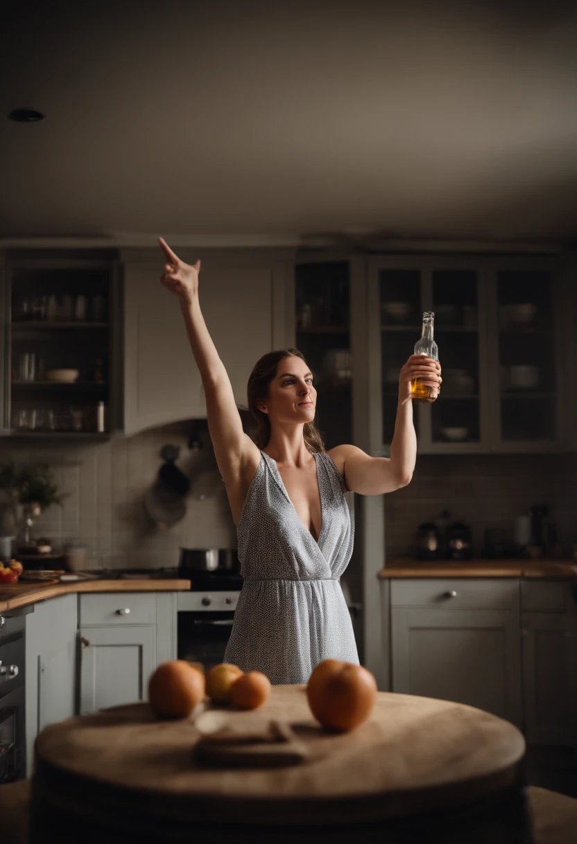 a very pretty face England woman very tall wrestling-size very pretty strong hands shoulders thighs wearing sleepwear raising hand to give a bottle inside the kitchen to a very small husband  , high quality captured from real people Sony camera HD