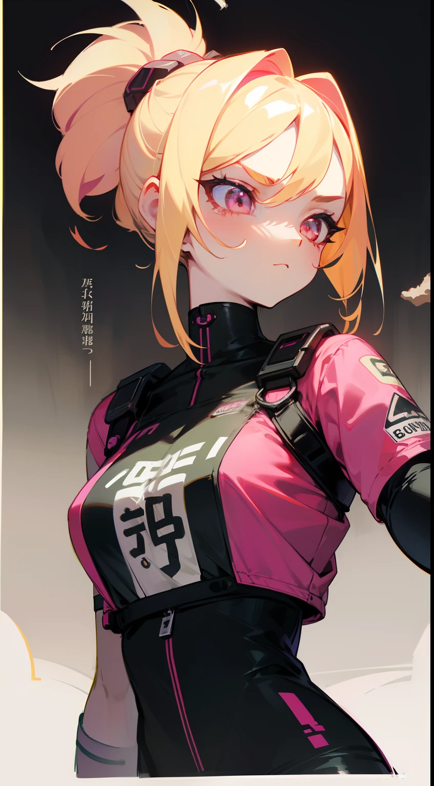 1 girl, blonde hair, blonde woman, pony tail, bright pink eyes, pastel colours, big breastes, Cute hair clips, tattoos on body, bracelets on hands, The film's poster depicts a young woman as the central character。She stands confidently in the center of the poster，Wear trendy cyborg-futuristic outfits，with a determined expression on his face。The background is dark and grainy，There is a sense of danger and a strong sense。The text turned out to be bold and attracted attention，with catchy slogans，Adds overall drama and excitement。The color palette is dominated by dark colors，dotted with bright colors