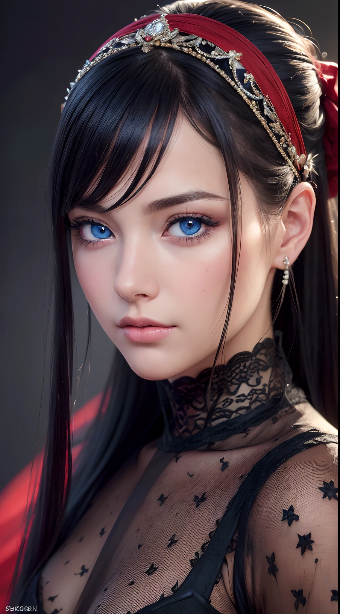 (Best quality,4K,8K,A high resolution,Masterpiece:1.2),Ultra-detailed,(Realistic,Photorealistic,photo-realistic:1.37),beautiful detailed blue eyes,Long black hair in a high bun,Detailed red veil,Portrait,Sharp focus,professional,Vivid colors,Dark background,Studio lighting