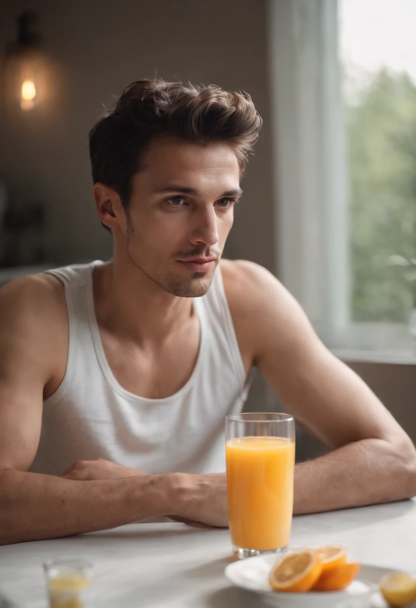 Skinny guy, Mexican, slightly messy hair, sitting at a table having breakfast, drinking orange juice, pills on the table, very handsome, baggy clothing, dark stubble, dark eyes, tanned skin, wearing a white wife beater, pill bottles
