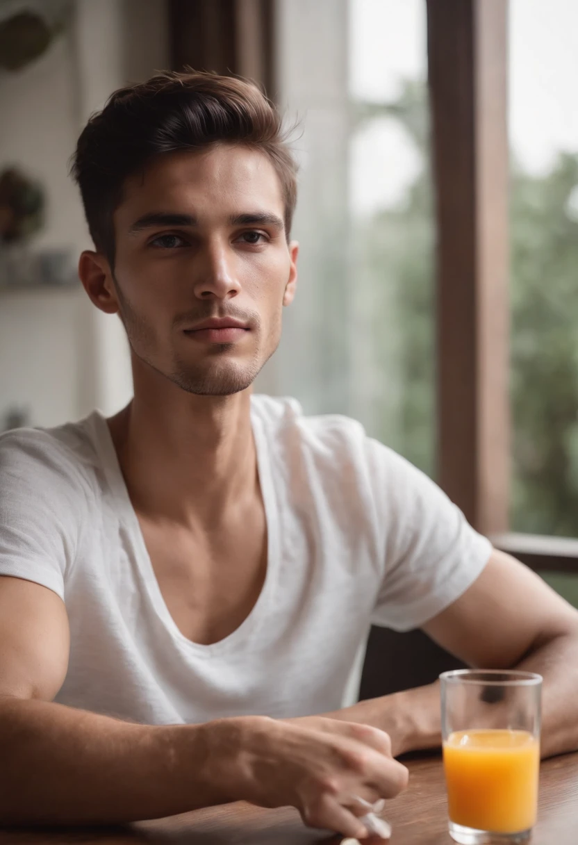Skinny guy, Mexican, slightly messy hair, sitting at a table having breakfast, drinking orange juice, pills on the table, very handsome, baggy clothing, dark stubble, dark eyes, tanned skin, wearing a white wife beater, pill bottles