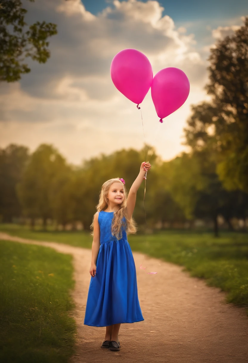 (best quality, HDR, masterpiece:1.2), highres, ultra-detailed, realistic:1.37, vivid colors, studio lighting, sharp focus, physically-based rendering, bokeh, oil painting, portraits, park, -yeld giwith long blonde hair, bow on her head, wearing a long blue dress, black shoes, holding a pink balloon