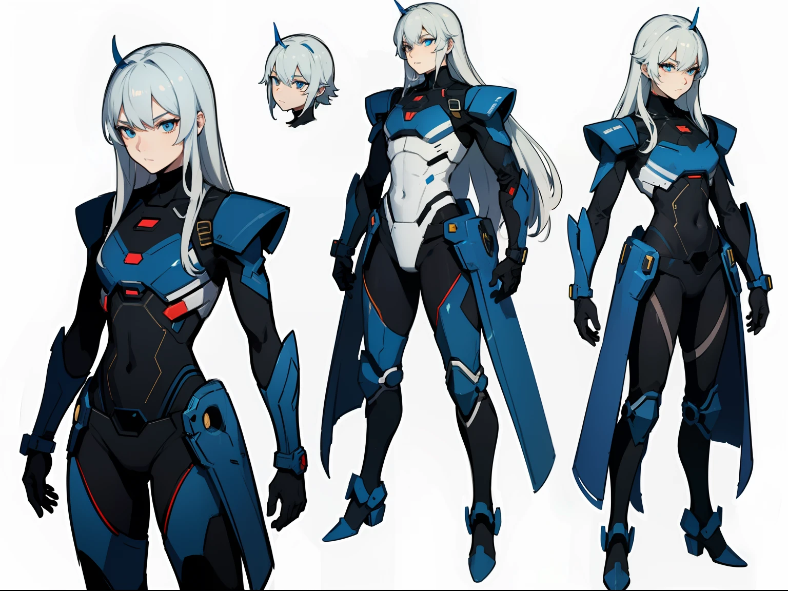 , femboy wearing a lightly armoured body suit, sci-fi themes, chest armour, gundam, best quality, arte oficial, Sketch line diagram, eye blue, front view, back view, and side view of character, long hair