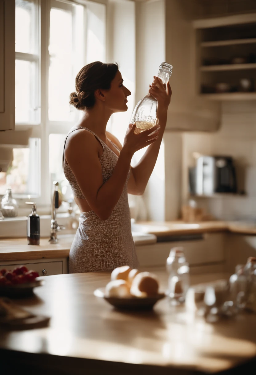 a very pretty face England woman very tall wrestling-size very pretty strong hands shoulders thighs wearing sleepwear raising hand to give a bottle inside the kitchen to a very small husband siting next to her , high quality captured from real people Sony camera HD