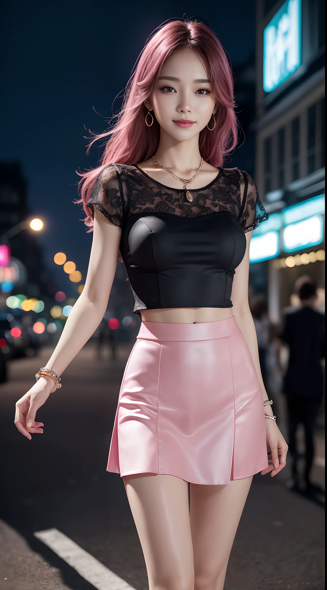 8k, masterpiece, RAW photo, best quality, photorealistic, extremely detailed CG unity 8k wallpaper, Depth of field, Cinematic Light, Lens Flare, Ray tracing, (extremely beautiful face, beautiful lips, beautiful eyes), intricate detail face, ((ultra detailed skin)) 1girl, in the dark, deep shadow, pretty korean girl, kpop idol,(very slim slender fit-muscled body:1.3), ((looking at viewer)),(big smile:1.3), (night, (neon sign), (blurry background), midnight, (without people in the background:1.3), pretty korean girl, white diamond earrings, bracelets, necklace, pantyhose, clear eyes, walking , front shot, (pale skin), face forward, (big eyes), full body shot, ((see through blouse)), (hot pink color blouse)), ((laced skirt)), (looking at viewer:1.3), very slim, medium breasts, Hermes bag