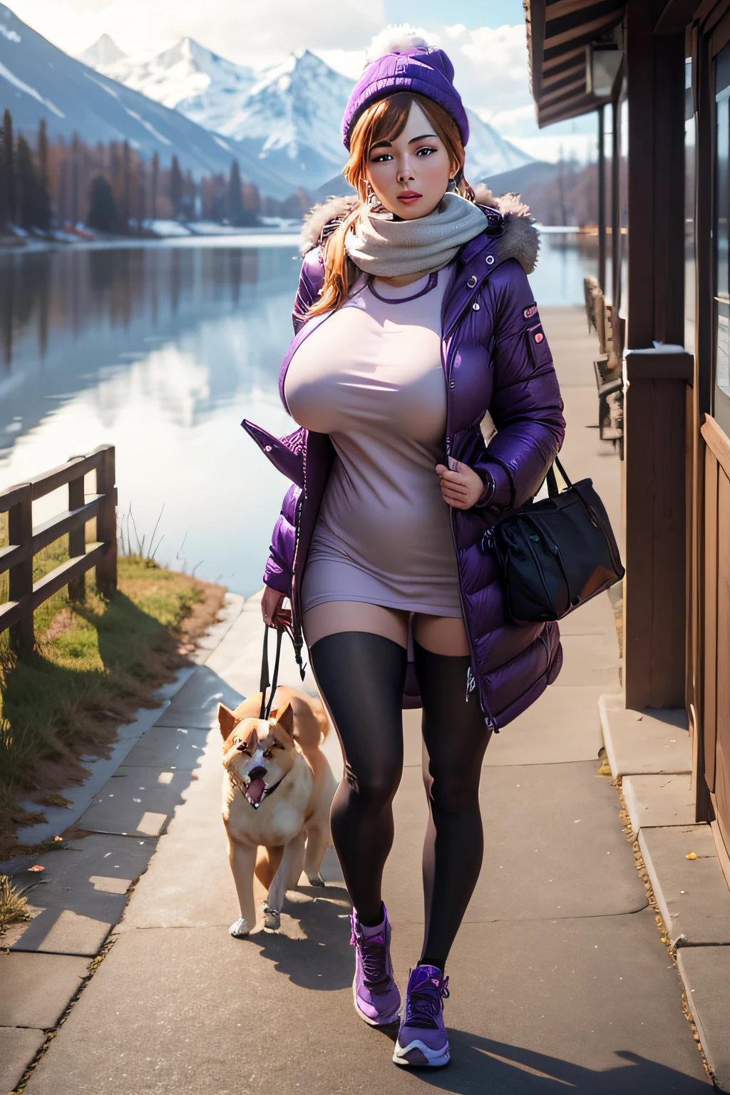 Make a woman with big breast, purple long winterjacket , with open zipper, with face, body, Lakeside house, travel bag, dog Nude