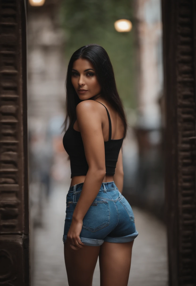 Slim girl with black hair crop top with denim shorts, breast size 29