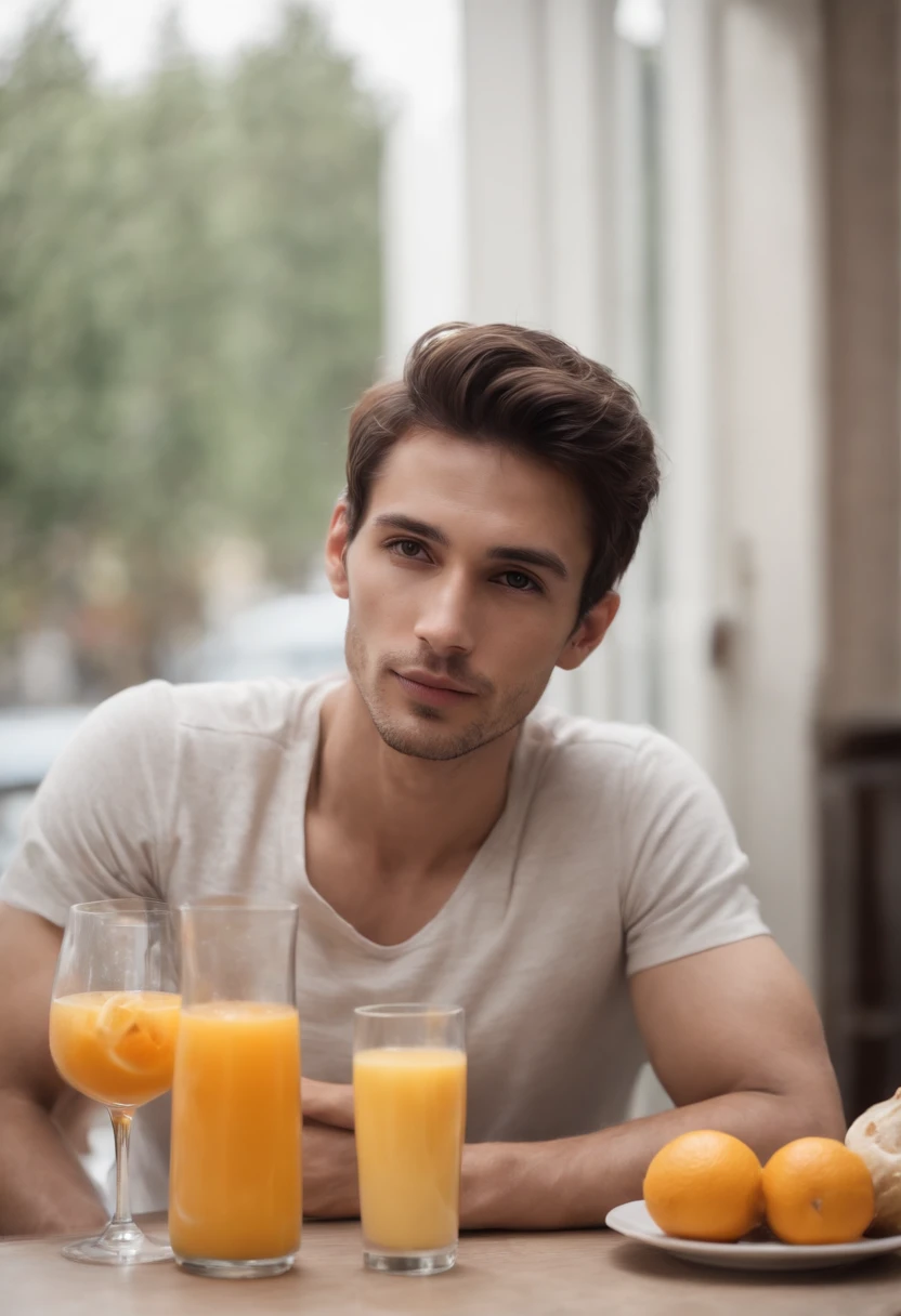 Skinny guy, Mexican, slightly messy hair, sitting at a table having breakfast, drinking orange juice, pills on the table, very handsome, baggy clothing, dark stubble, dark eyes, tanned skin, wearing a white wife beater, pill bottles, wearing orthodox cross necklace