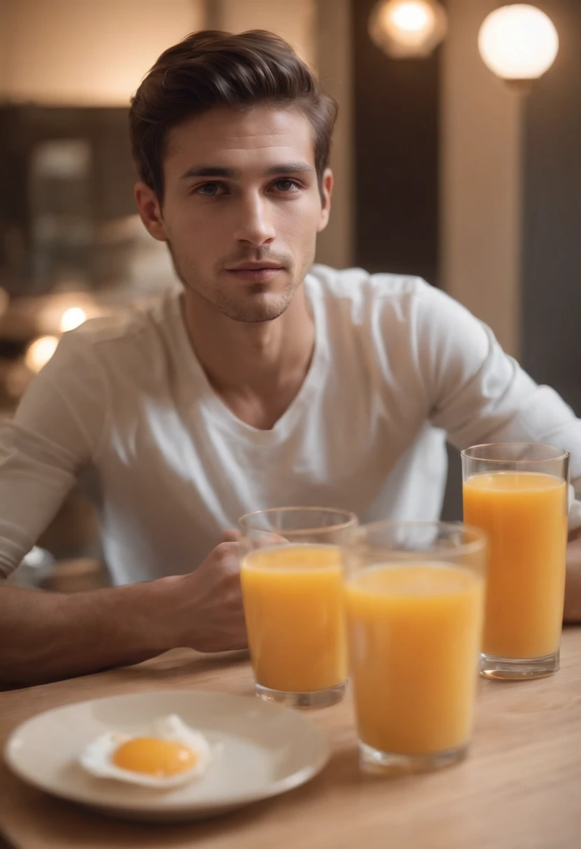 Skinny guy, Mexican, slightly messy hair, sitting at a table having breakfast, drinking orange juice, pills on the table, very handsome, baggy clothing, dark stubble, dark eyes, tanned skin, wearing a white wife beater, pill bottles, wearing orthodox cross necklace