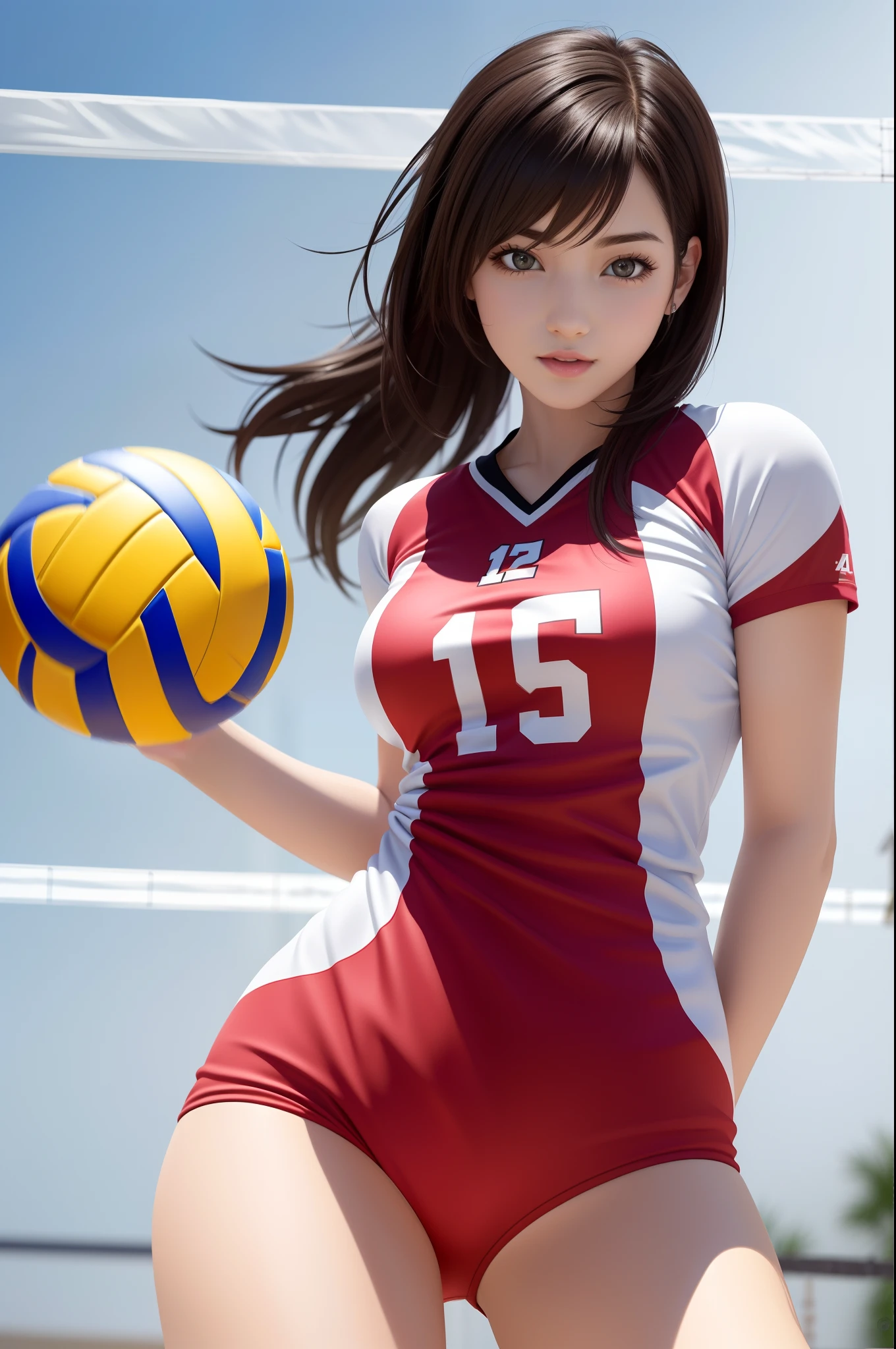 8K,top-quality,Real Image,intricate detailes,超A high resolution,Depth Field,masuter piece,natural soft light,profetional lighting,1 girl in,(cute little:1.2),Very beautiful cartoon girl, photorealistic anime girl render, realistic anime 3 d style,A detailed eye,((Brown-eyed)),(Brown hair),(bangss), (((FF7)))(((Tifa))),(Tifa:1.2,Solo), Blake Super Detail Face, Detailed eyes, (light brown hair, Large breasts: 1.2), (Tifa in volleyball uniform:1.7),Gymnasium