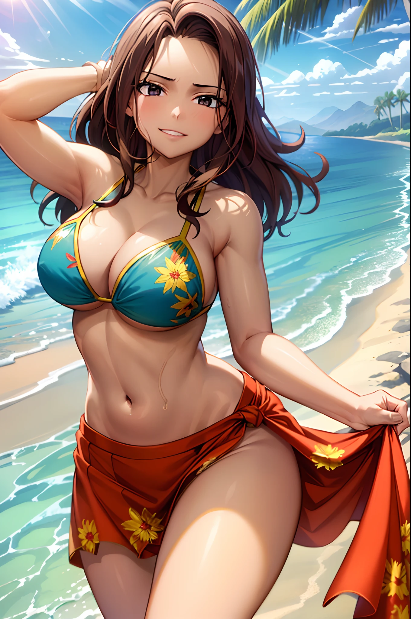 masterpiece, absurdres , (intricate details), (colorful),cinematic lighting,bust shot,extremely detailed CG unity 8k wallpaper, canarnd, 1girl, mature female,breasts,bikini, o-ring, floral print, print sarong, beach, summer, sunlight, ocean,wind, cloudy sky, palm tree, smile, parted lips, looking at viewer, running,lens flare,