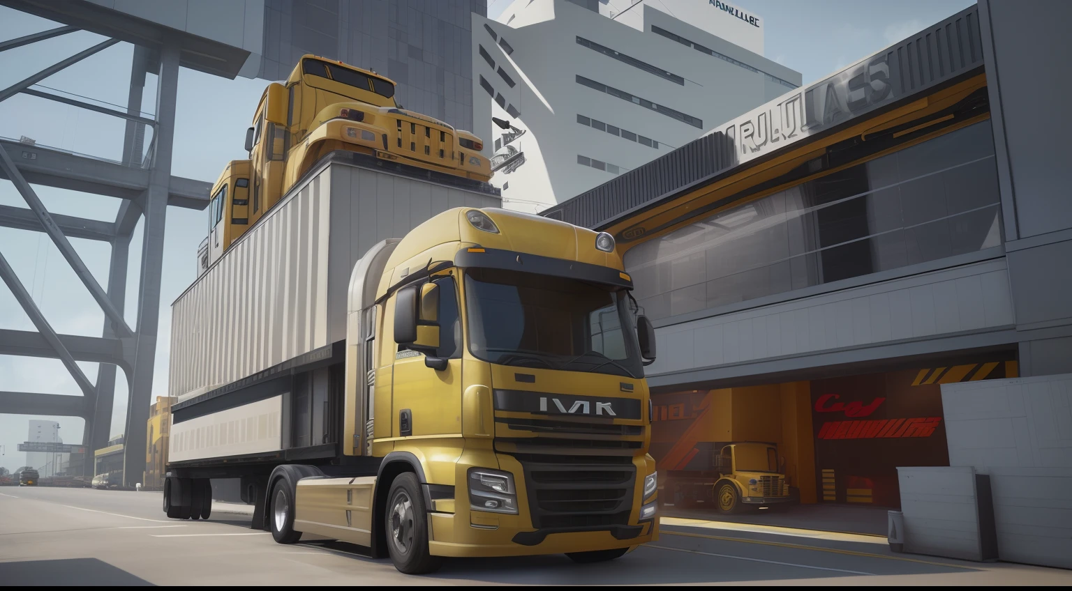 there is a yellow truck that is parked in front of a building, a hyper realistic, commercial illustration, vehicle illustration, truck, fan art, true realistic image, transportation design render, cg art, cgi rendering, artistic render, dramatic artwork, computer generated, semi - realistic render, photo render, loadscreen”, 3d render”, a digital rendering
