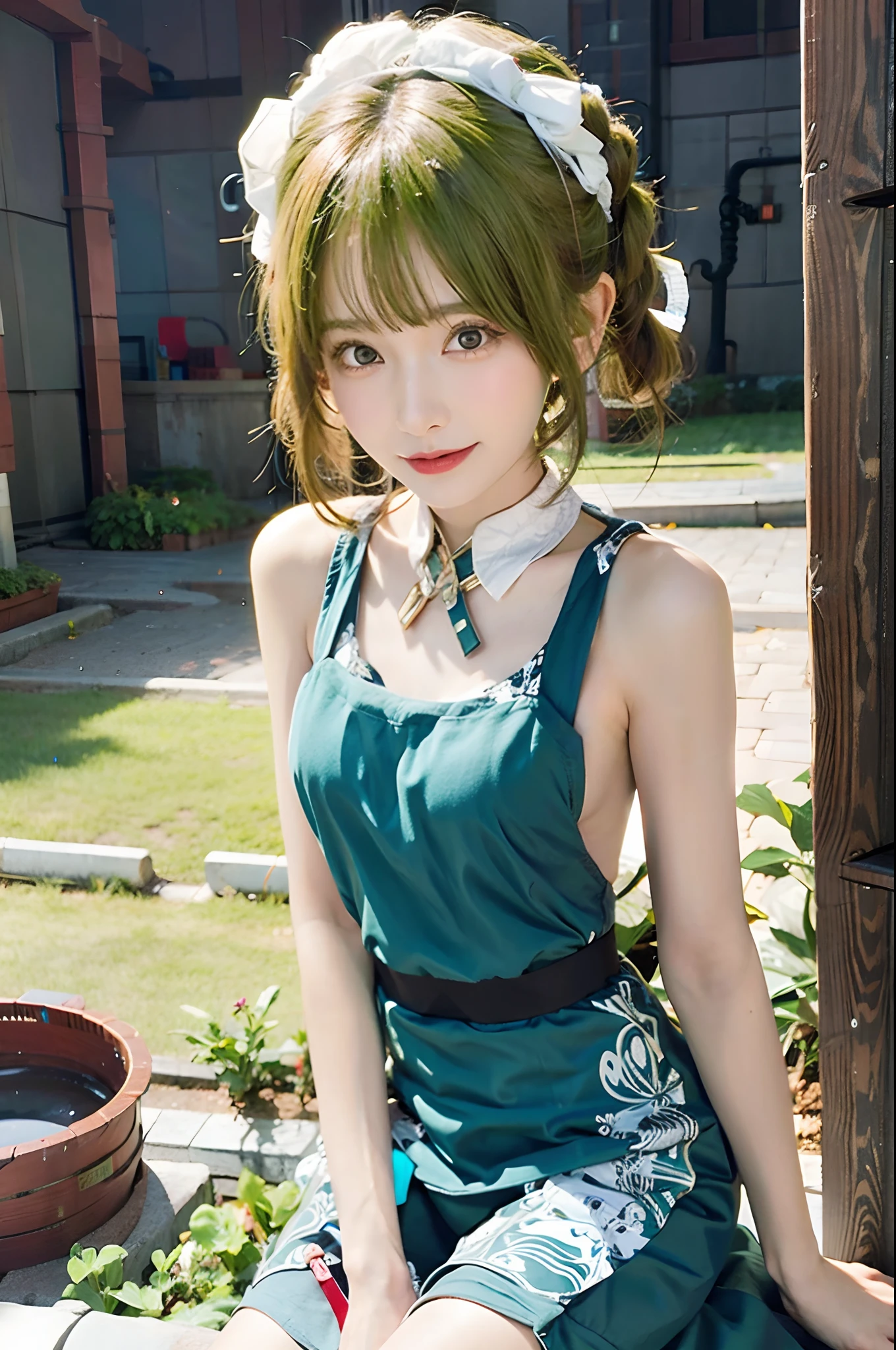 1girl, woman, 25 years old woman, beautiful, medium breasts, flirtatious look, ((very detailed)), (perfectly detailed face), looking at viewer:1.8, (1girl eyes looking at viewer:1.55), Upper body, Simple Background, Emphasis on the chest, Hands behind the body, hands behind head, whole body, Raise your arms and show your armpits, show your armpits, hands behind head, waki, smile, photorealistic image, high res, girl in summer clothes, Plain costumes, mini skirt, park bench, one piece dress, photorealistic, (bokeh), best quality, 8k, UHD, anatomically correct, textured skin