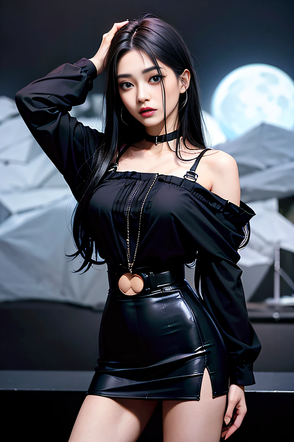tema de terror, Tema Submundo, elemento escuro, retrato, obra-prima realista de alta qualidade, (Beautiful) Japanese female, cara triste, Rosto detalhado, 25 anos, symmetric eyes, symmetrical face ,presas vampiras sutis, olhos violetas, cabelos pretos longos ondulados, andando no escuro, magia negra, nevoento, Enevoado, beco ao luar, Cloudy moon room in sky in background, Enluarado, com nevoeiro e sombras, assustador, Nightime, Cinematic lighting, vestido conservadoramente, usando um top de renda roxo profundo & casaco de peito duplo preto (Abotoado) casaco fechado preto, black medium length black skirt., Fix hands, Detailed lips