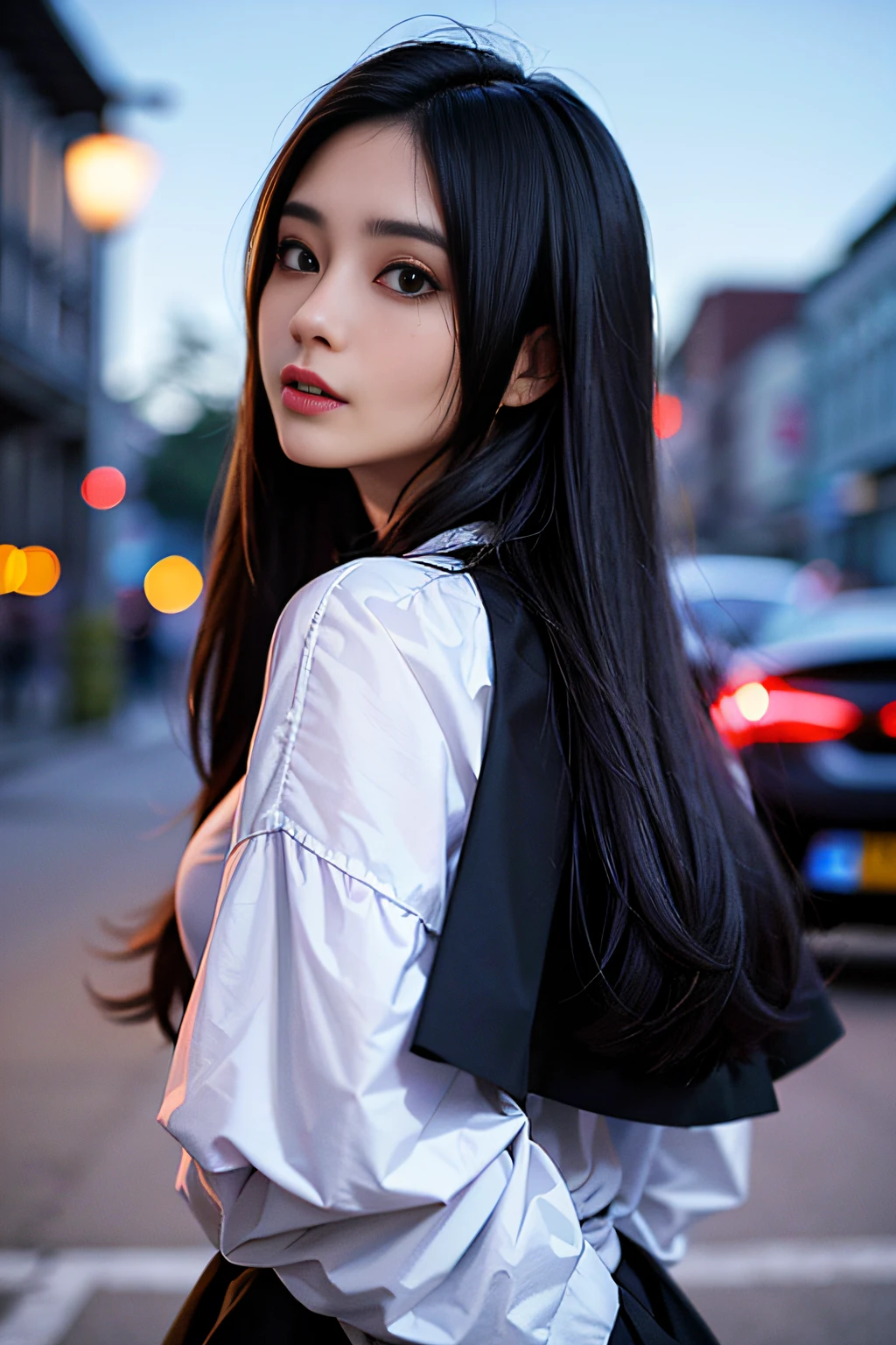 Arafed woman with long black hair and a white shirt - SeaArt AI