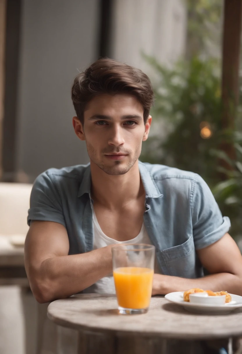 very skinny guy, Mexican, slightly messy hair, sitting at a table having breakfast, drinking orange juice, pills on the table, very handsome, baggy clothing, dark thick stubble, dark eyes, dark tanned skin, wearing a white wife beater, pill bottles visible on the table, rings under eyes, squinted eyes, wearing orthodox cross necklace