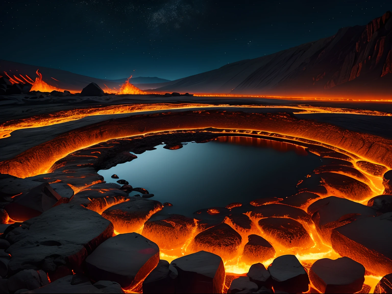 scenery, Banner, 2D, Flat field of igneous rocks, centred, Lava Lake, the night, Plnoluniye, Dark spots on lava, Warm and dark tones, Bright orange spray