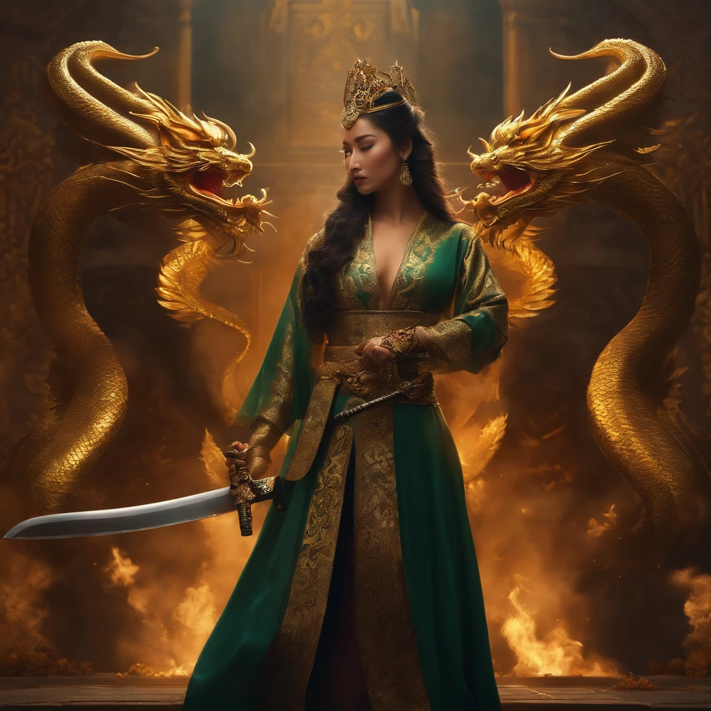 Blessed katana adorned with golden dragons, envolta de uma aura de cor ciana