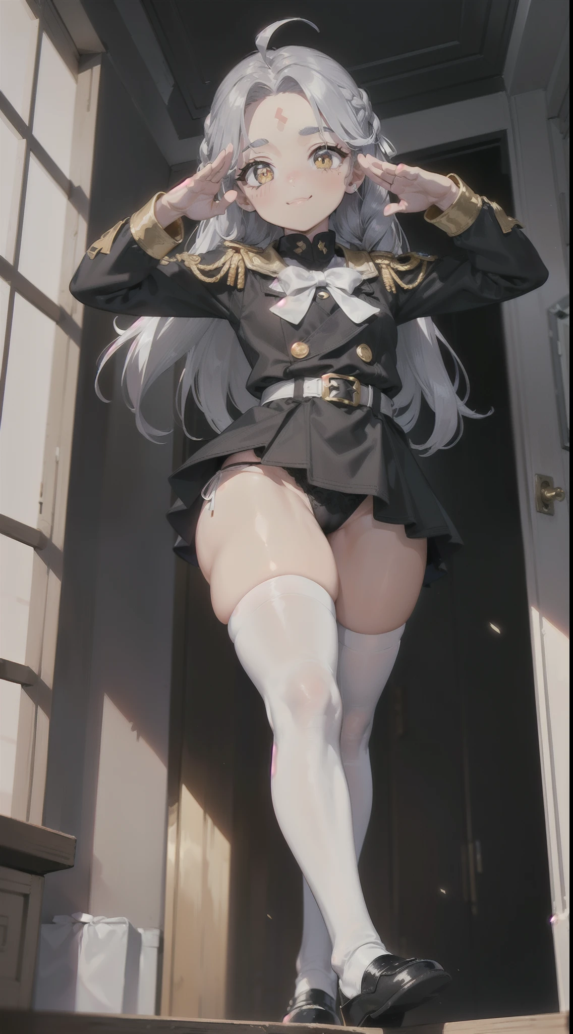 ((1beautiful girl)),,(((Silvery hair))),(((Braids2Book Hairstyles))),(((Middle bangs))),(((put out one's forehead))),(((Golden Eyes))),(masterpiece)), (((drooing eyes))),((top-quality)),((Vivid light and shadow depiction)), (The ultra-detailliert), ((kawaii)), cute little, (Detailed body line depiction), ((detailed face depiction)),((ighly detailed)), (8K), top-quality, (Beautiful fece),(((World-class quality))), ighly detailed, hight resolution,(((独奏))),(((thick eyebrow))).((((shinny hair)))),(((White and beautiful skin))),(((Small udder))),(((Bold poses))),(((Bright smile))),(((red blush))),(((composition seen from below))),(((In a dark room))),(((looking-down))),(((Looking up from your feet))),(((Gray military uniform))),(((tight skirts))),(((Black Knee High Socks))),(((Panties with white ribbon))),(((Salute pose with one hand)))