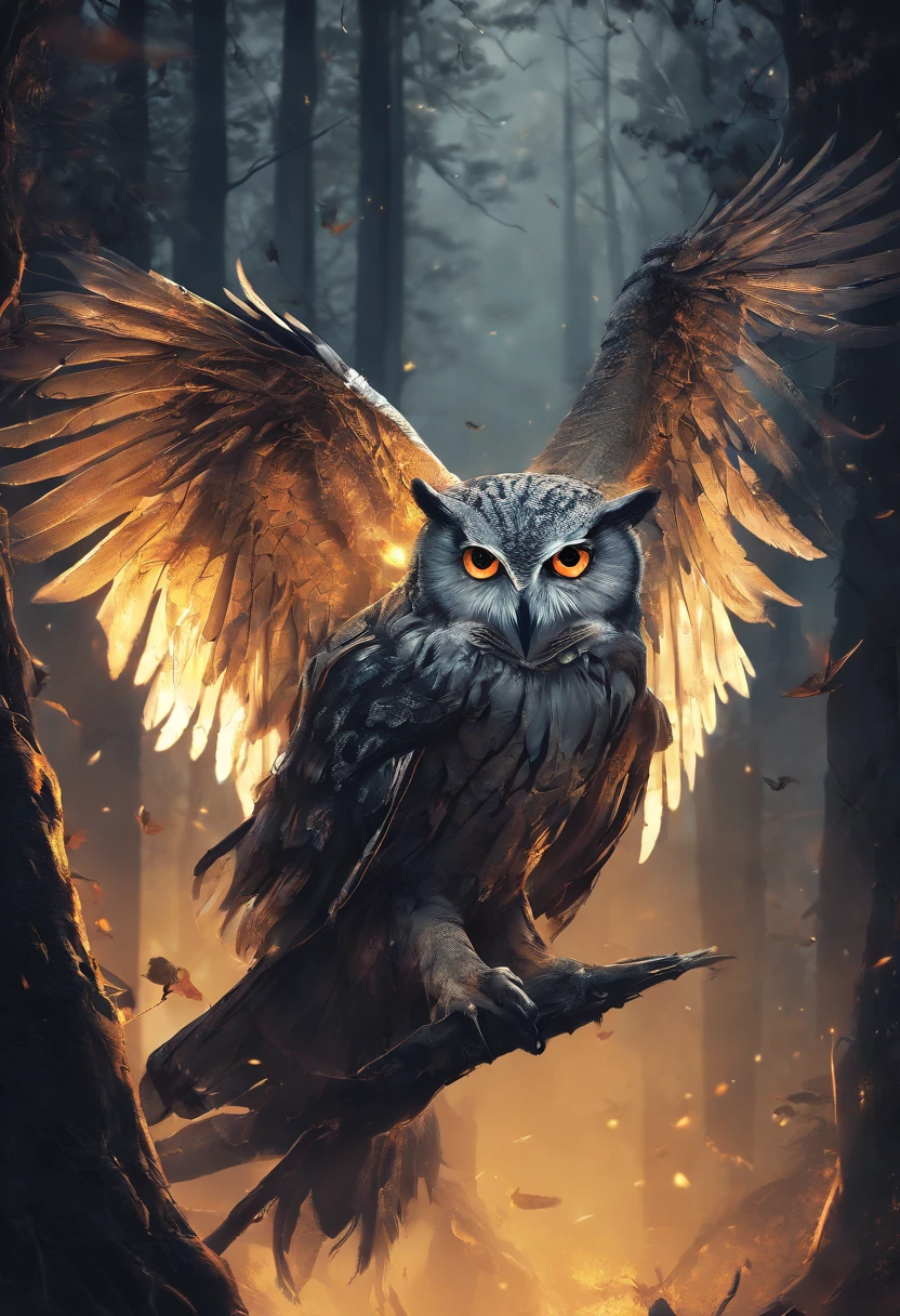 (best quality,4k,8k,highres,masterpiece:1.2),ultra-detailed,realistic,photorealistic:1.37,humanoid owl,roguish appearance,red scarf,dagger,bright yellow eyes,dark and mysterious,nighttime scenery,forest background,dappled moonlight,sharp shadows,ethereal atmosphere,silent movements,feathers fluttering,menacing presence,fierce gaze,feathery wings,sleek and agile,stealthy figure,silver moonlit glow,dangerous aura,glinting blade,swift and precise movements,intense focus,ominous vibes,ominous silence,majestic creature,piercing intelligence,enchanted forest backdrop,golden moonlit eyes